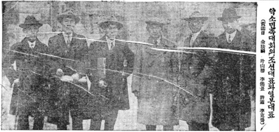 조선일보 1927년 5월 14일자 기사. 왼쪽부터 황우일, 허헌, 김법린, 가타야마 센, 이의경, 이극로.
